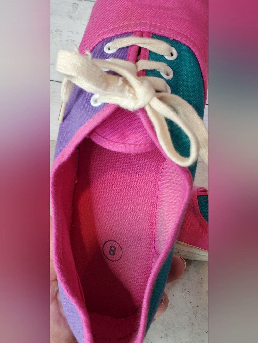 Vintage 90s Womens Size 8 Colorblock Canvas Sneakers Pink Purple Teal Lace Up - Picture 3 of 6